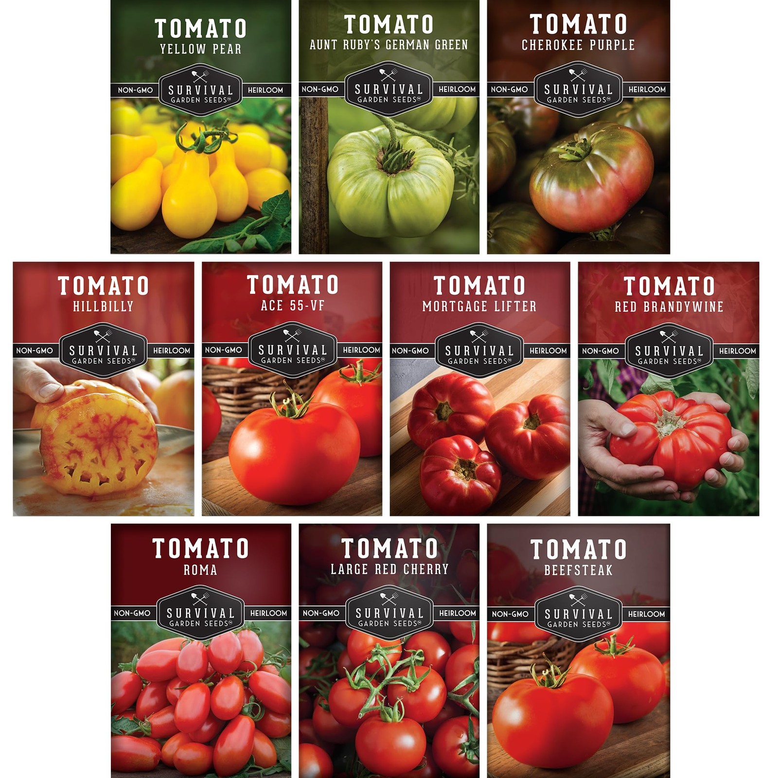 10 Tomato Collection – Cherokee Purple, Roma, Red Cherry, Aunt Ruby’s Green, …