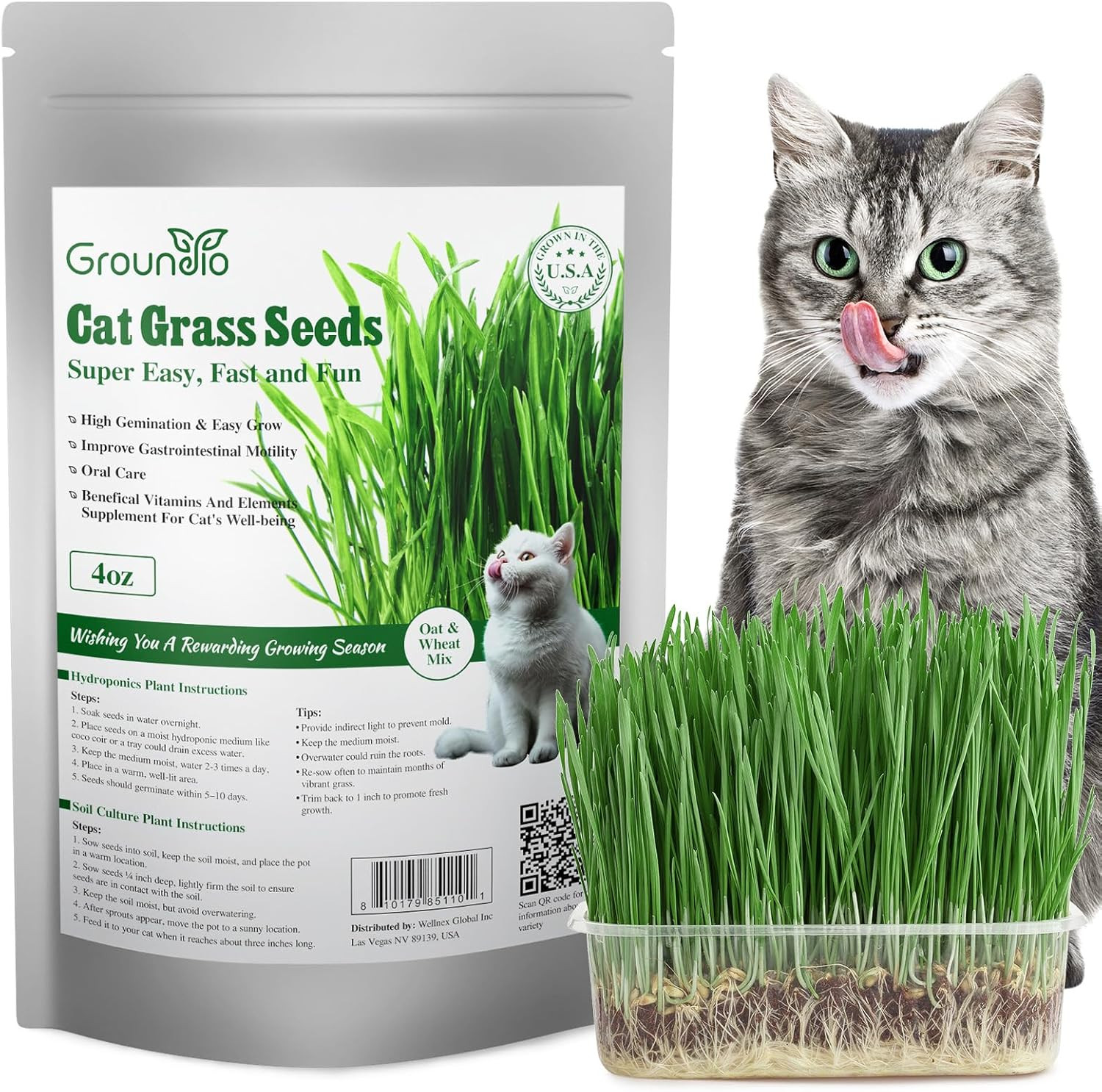 Cat Grass Seeds Mix, Non-GMO Wheat & Oat, Indoor Cats, USA Grown, 4 oz