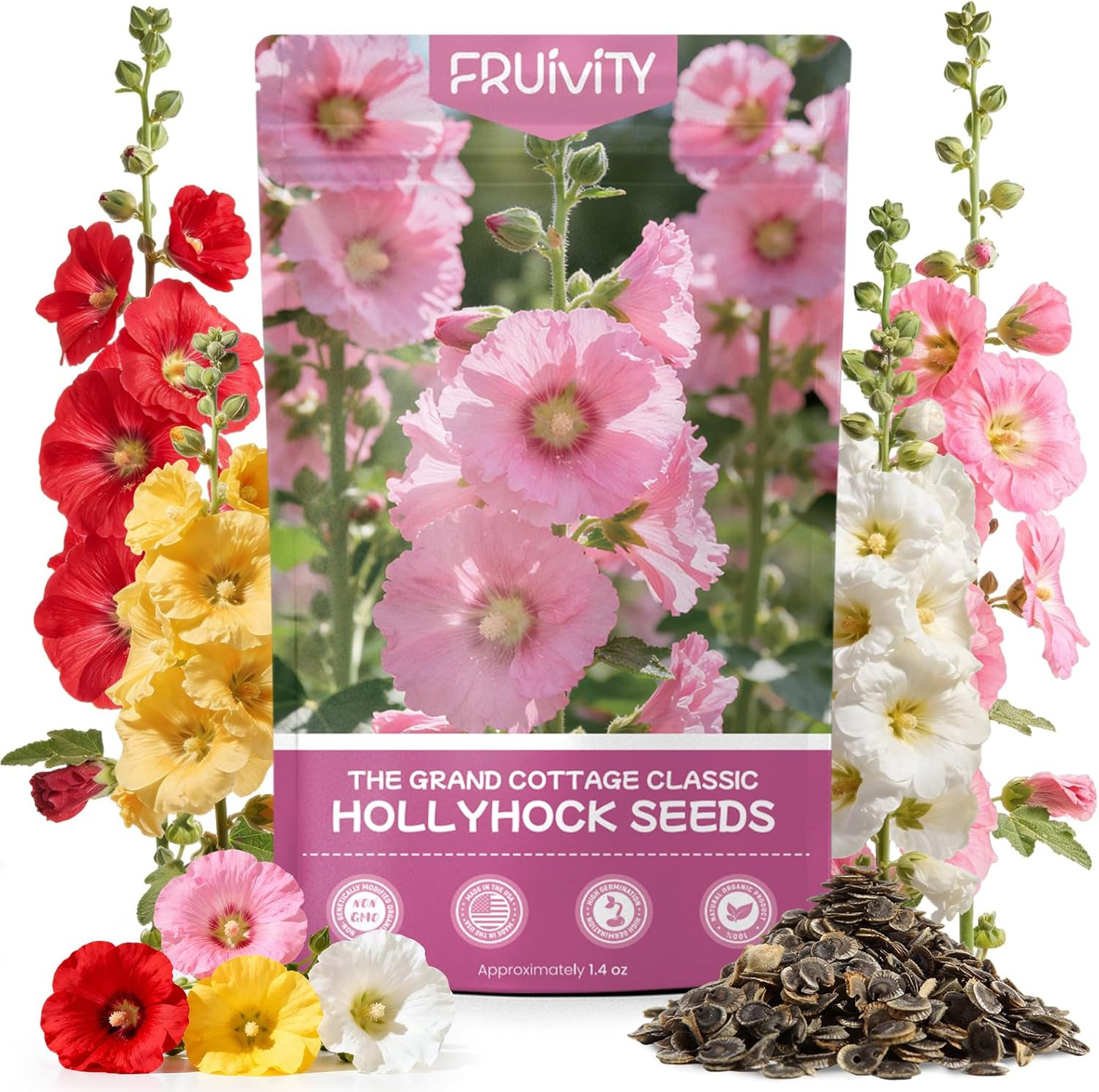 Hollyhock Seeds 3000+ Bulk Pack – Mixed Colors Perennial Heirloom Non-Gmo, Easy