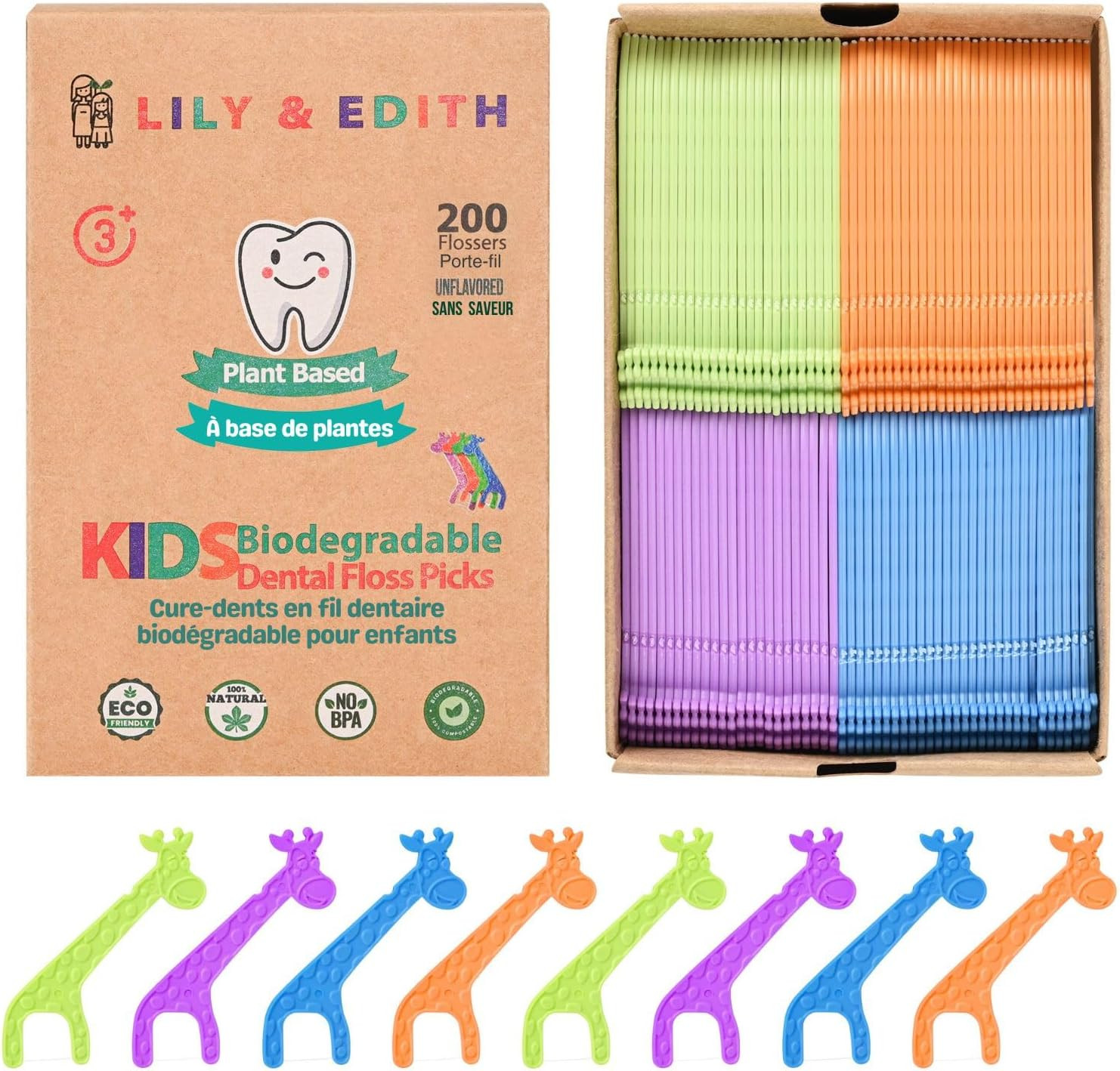 Kids Biodegradable Dental Floss Picks 200 Counts, Fluoride Free, Plant Based Mat
