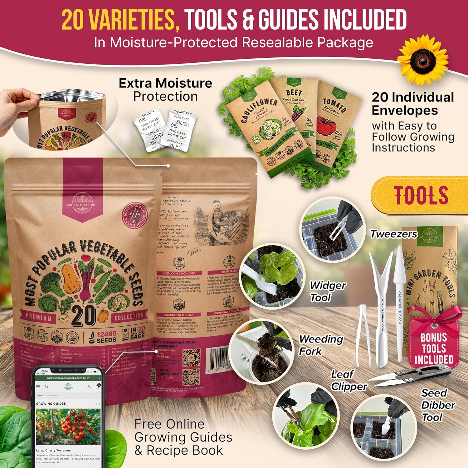 20 Vegetable Seeds Variety Pack – 12,465+ Non-GMO Heirloom Seeds for Planting Ve
