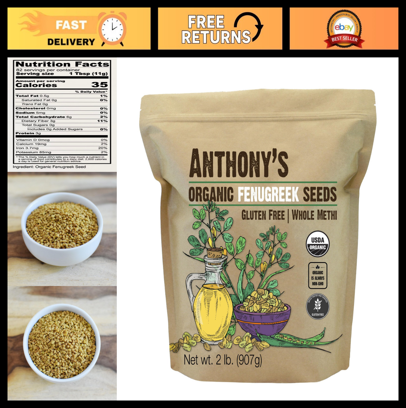 Organic Fenugreek Seeds 2 lb – Whole Methi Seeds, Gluten Free, Non-GMO, Natural