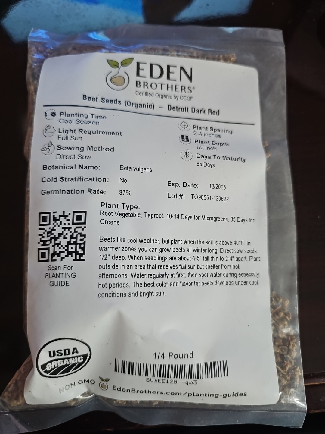 Eden Brothers Organic Beet Seeds 1/4 Pound