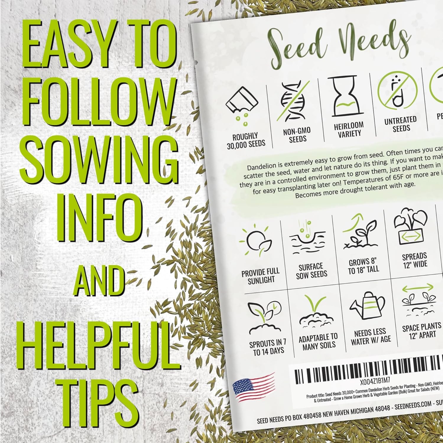 Seed Needs 30,000+ Common Dandelion Herb Seeds for Planting – Non-GMO, Heirloom