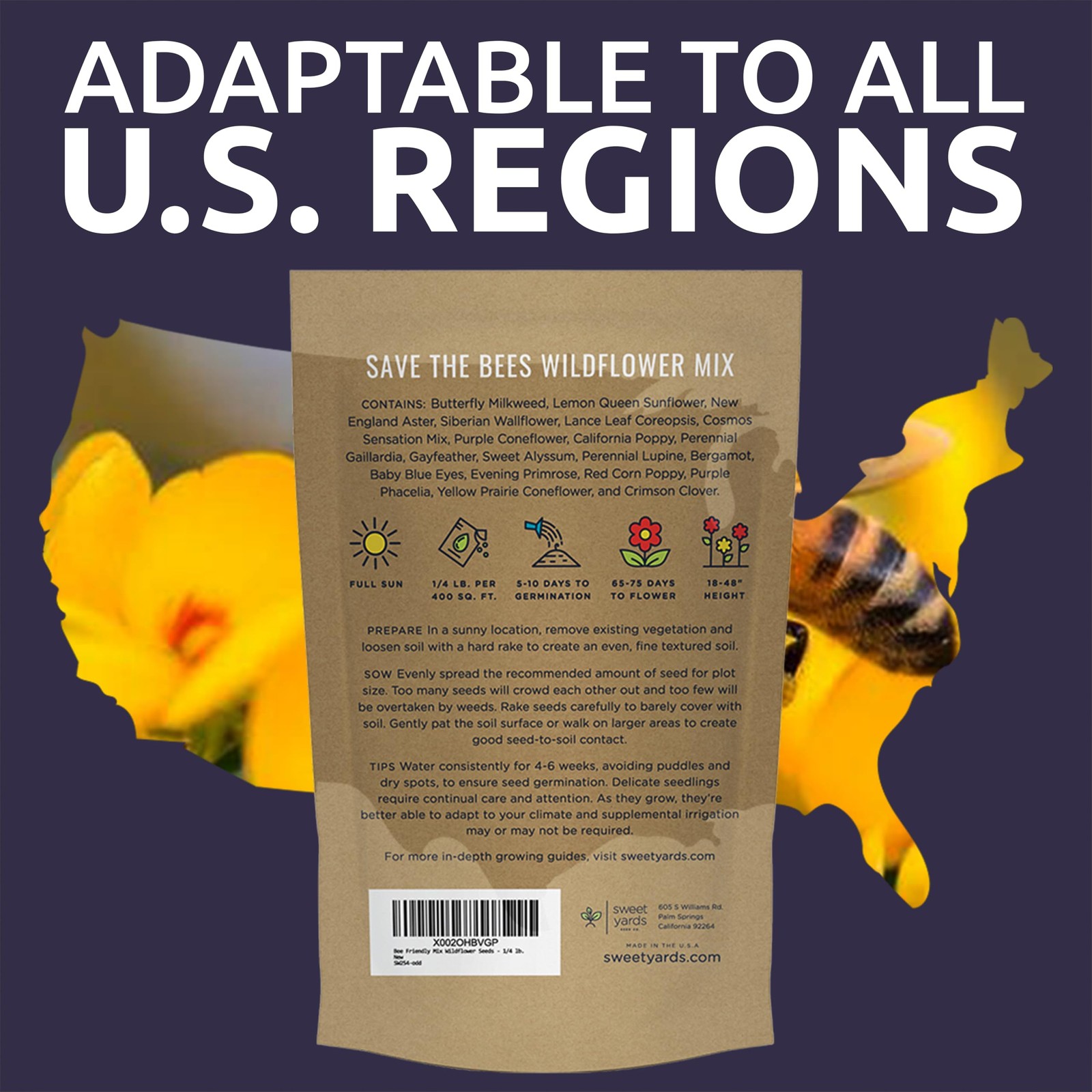 Bee Friendly Wildflower Seed Mix – Bulk 1/4 Pound Bag – Over 30,000 Open Poll…