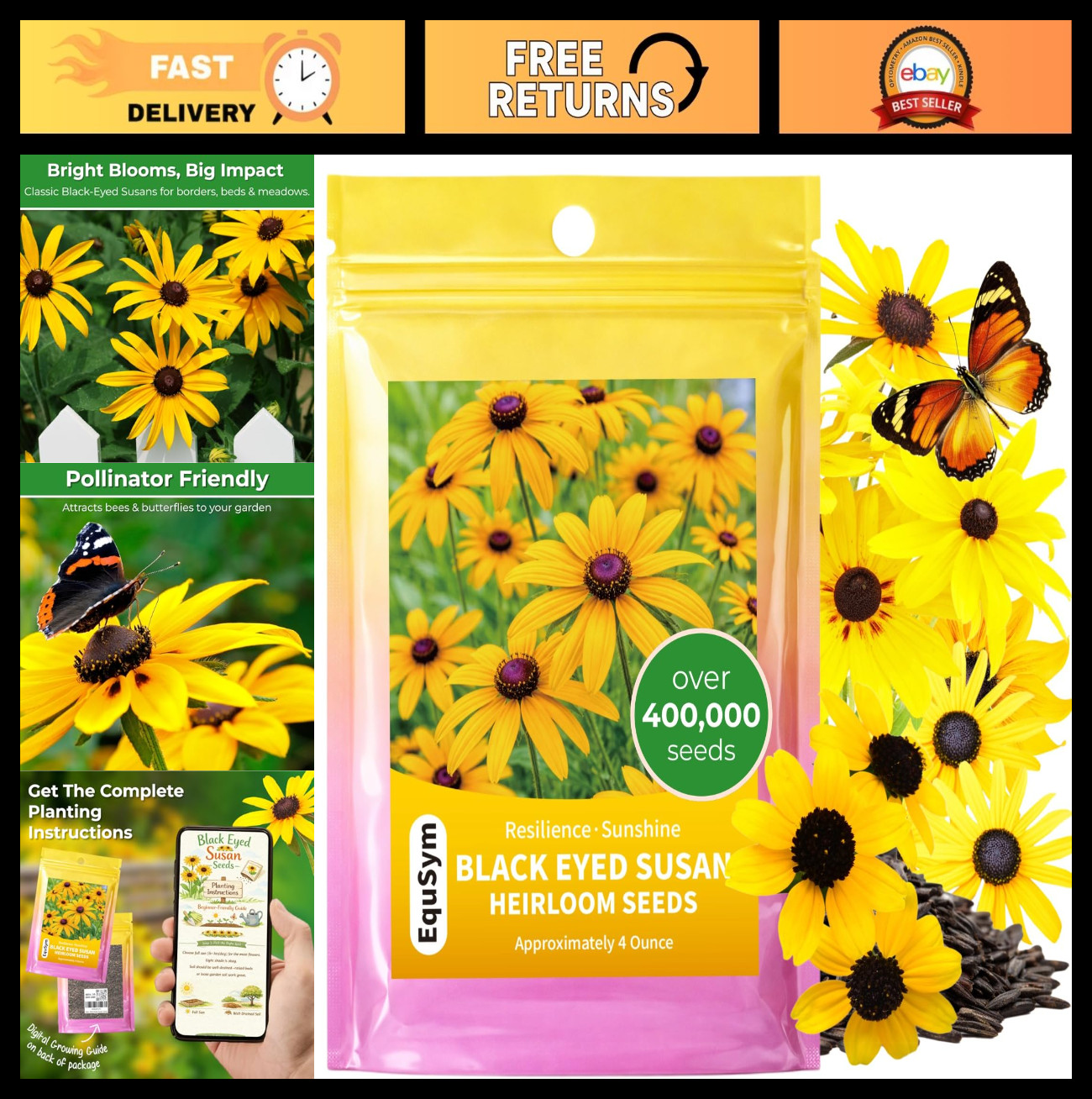 400,000+ Non-GMO Black Eyed Susan Seeds – Rudbeckia Hirta Wildflower for Garden,