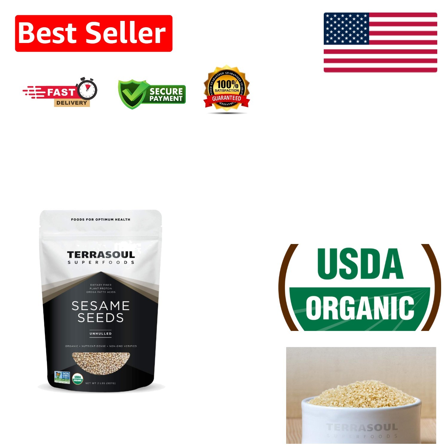 Certified Organic Unhulled Sesame Seeds – 2 Pound Resealable Bag for Freshness