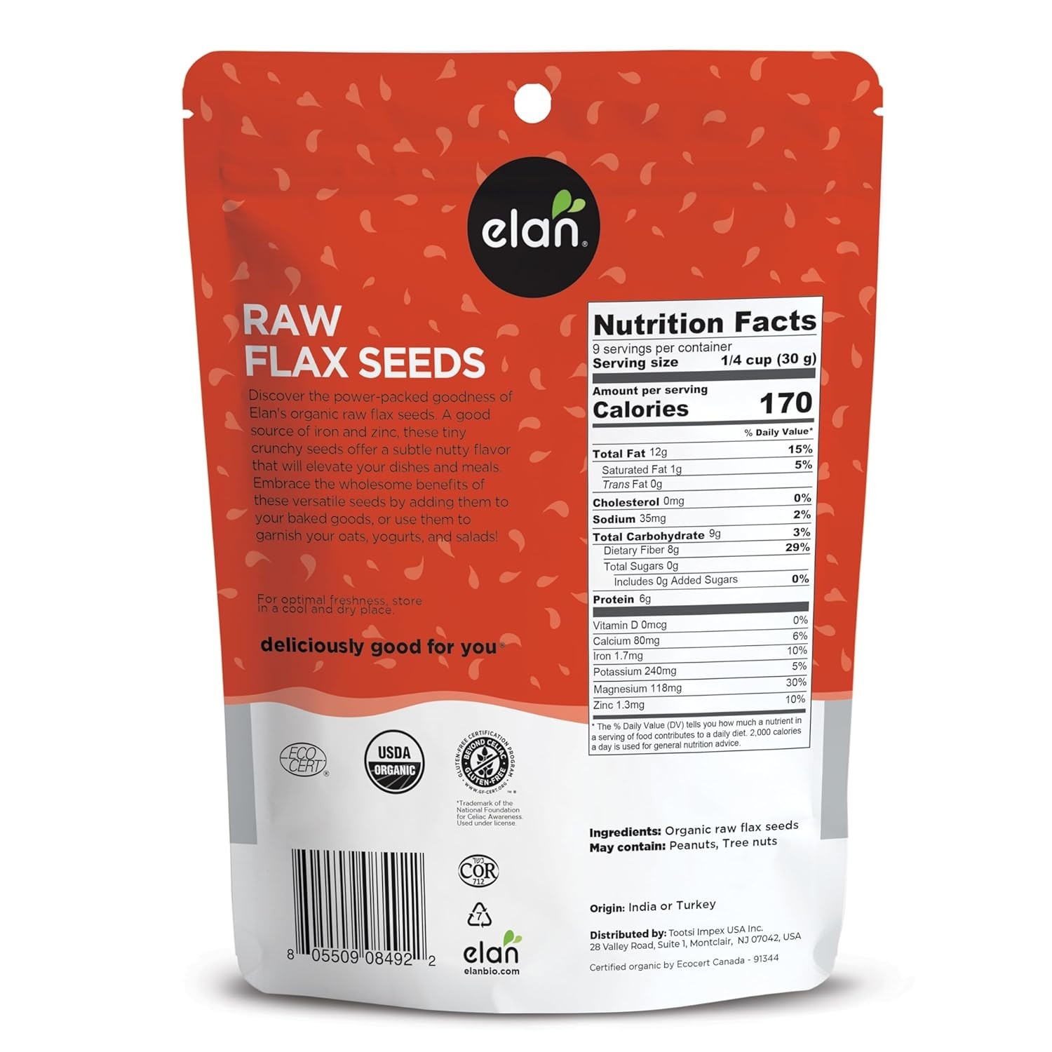 Elan Organic Flax Seeds 9oz Whole Raw Non-GMO Vegan Gluten-Free Kosher