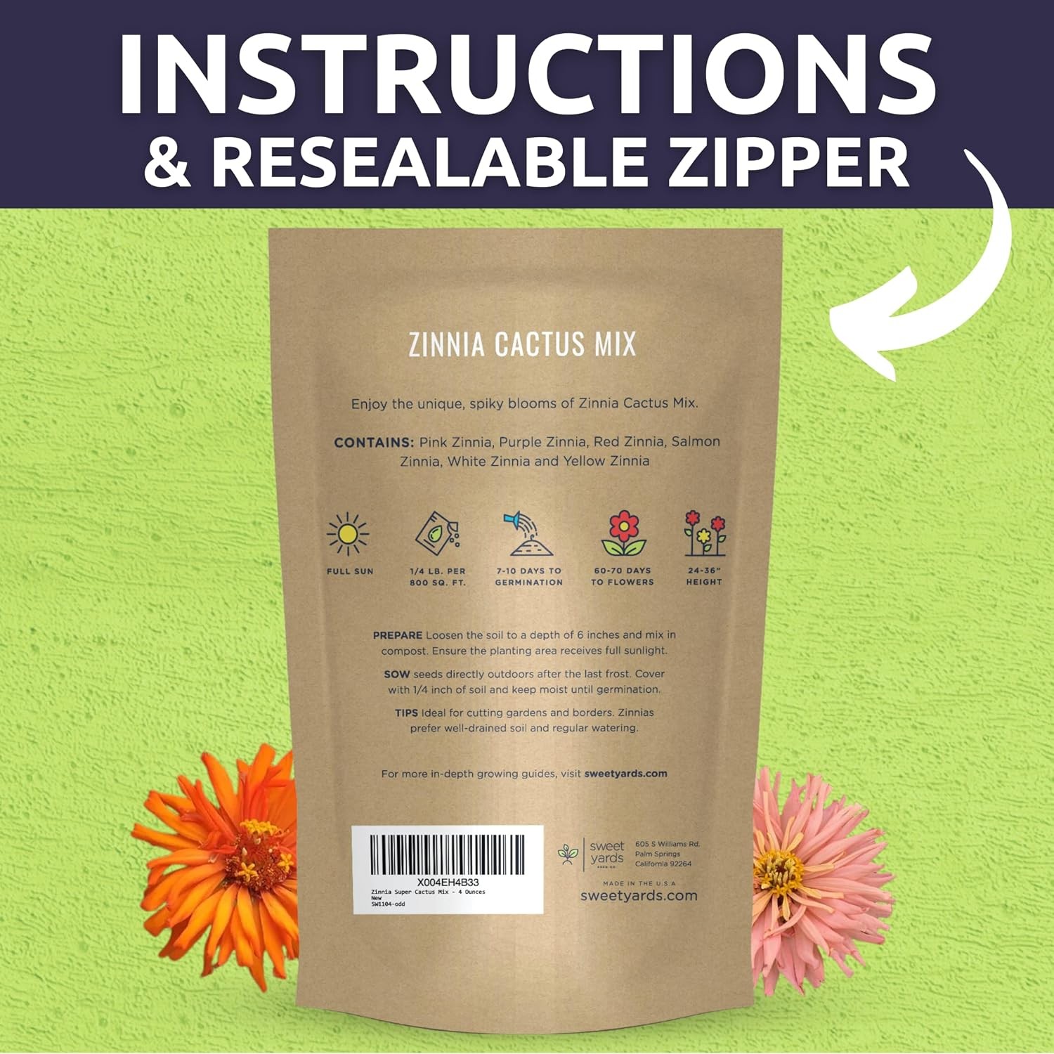 Zinnia Super Cactus Mix – Bulk 1/4 Pound Pouch – 15000 Flower Seeds for Planting