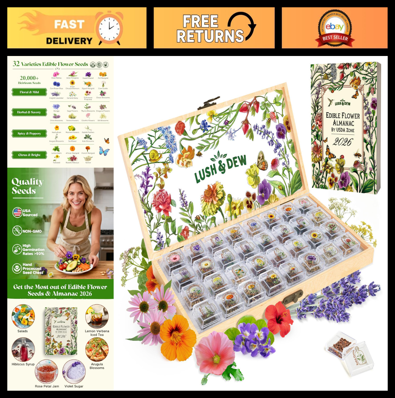 Edible Flower Seed Bank – 30,000+ Non-GMO Heirloom Seeds, Gardening Gift Set, Cu