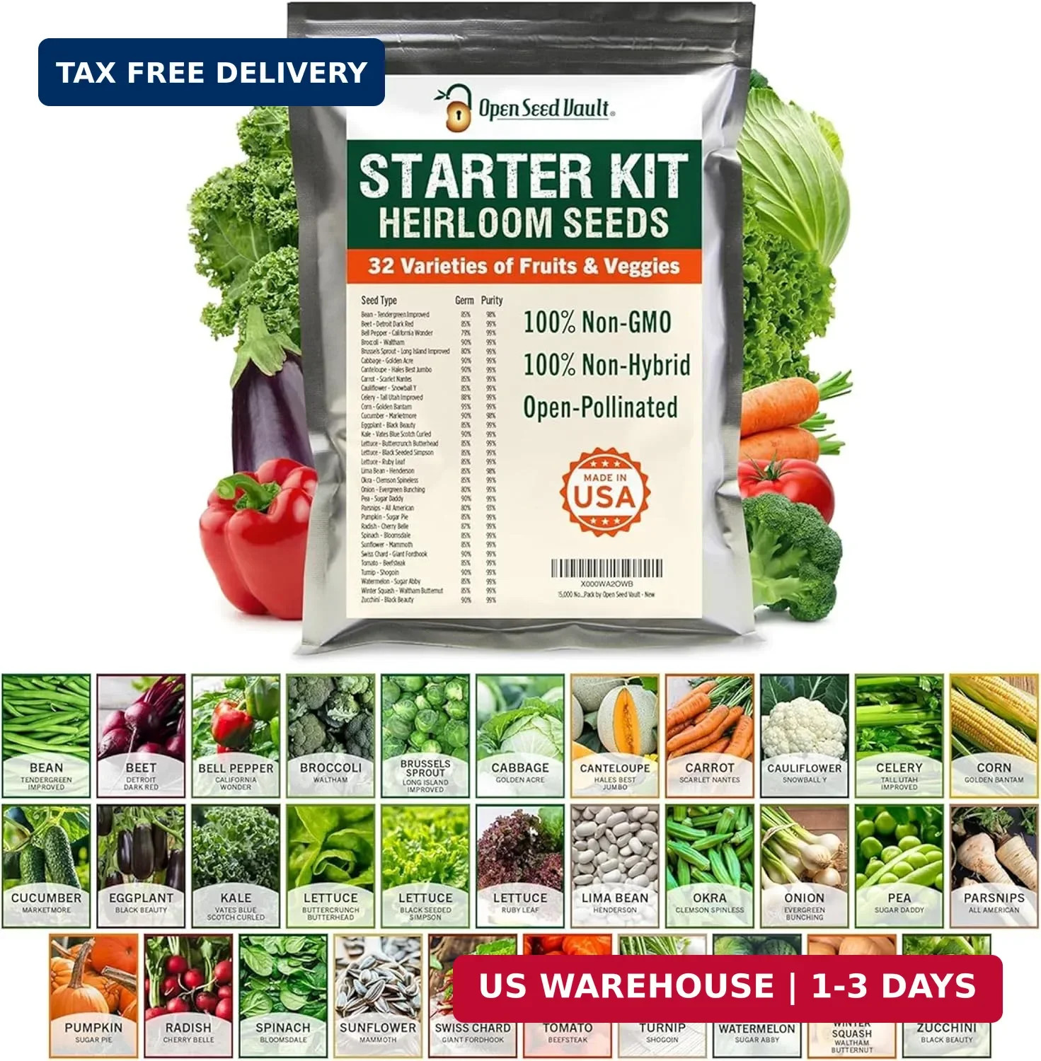 Vegetable & Fruit Seeds | 32 Individual Packs | 2026 Season | Non-GMO, High Yiel