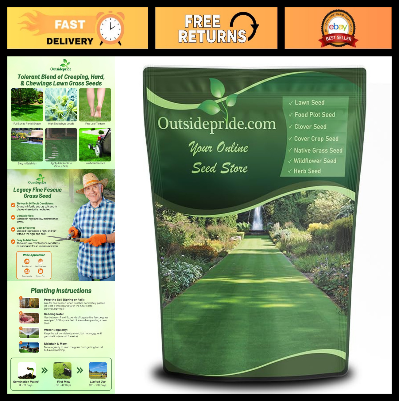 Fine Fescue Grass Seed Mix – 5 lbs, Shade & Sun Tolerant, Hard, Chewings, Creepi