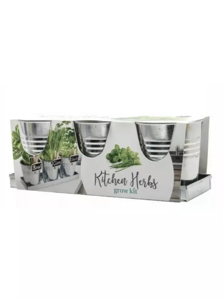 3 Pot Kitchen Herbs Grow Garden Kit, Basil, Chives, Cilantro, Galvanized Pots