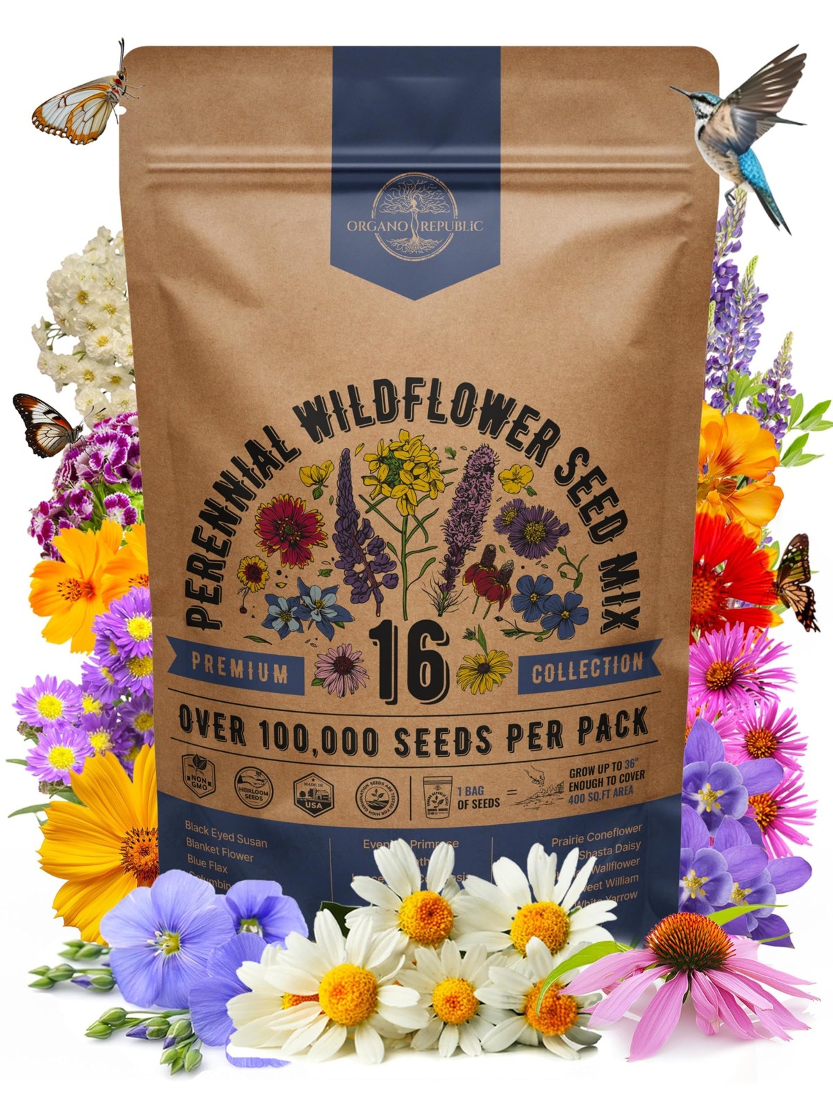 Organo Republic 16 Perennial Wildflower Seeds Mix for Indoor & Outdoors. 100,…