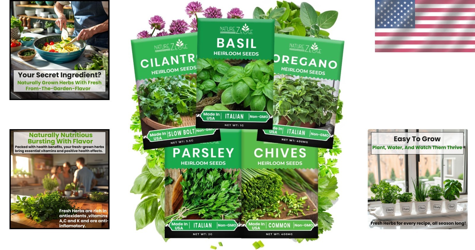 Indoor/Outdoor Herb Garden Seed Kit with 5 Heirloom Varieties for Fresh Flavor