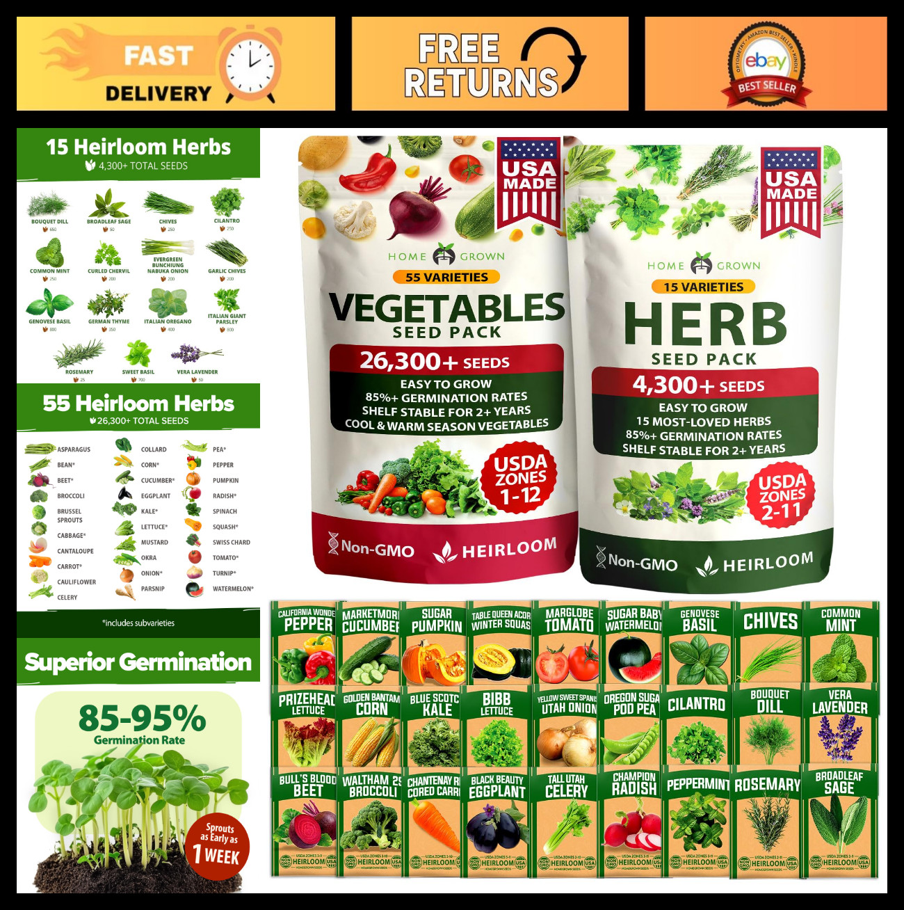 70 Variety Non-GMO Heirloom Vegetable & Herb Seeds Kit for Home Gardeners & Prep