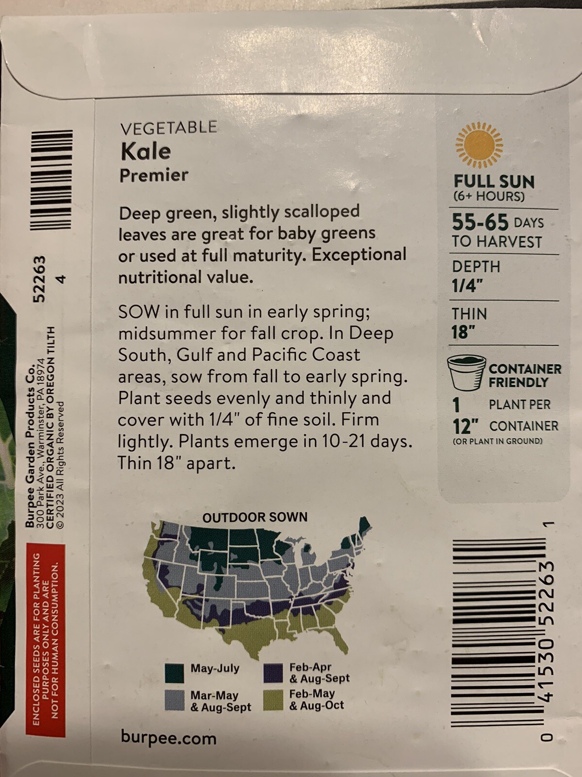 Burpee USDA Organic Premier Kale Vegetable Seeds Full Sun Seed Packet Deep Green
