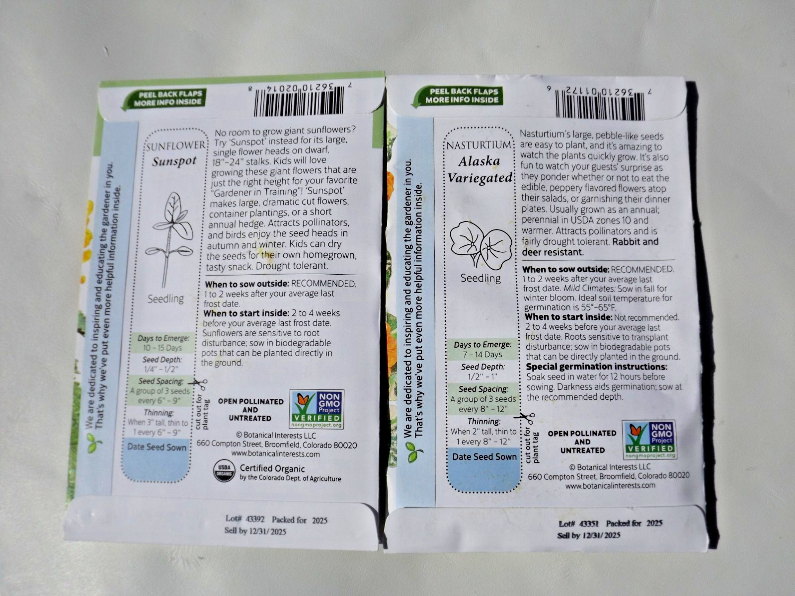 Lot #1 20 packs Botanical Interests seeds, sunflower, jump-up, nasturtium