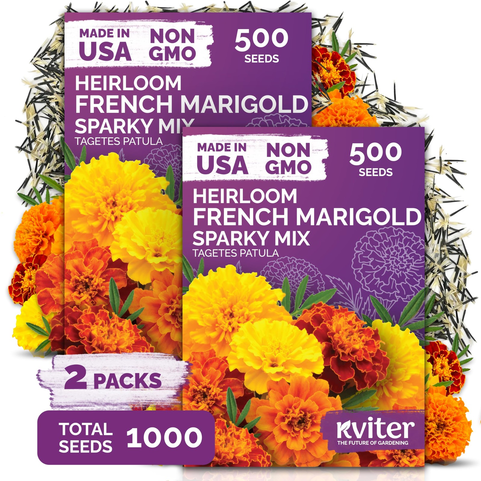 KVITER 1,000 French Marigold Seeds, Sparky Mix (Tagetes Patula), 2 Pack