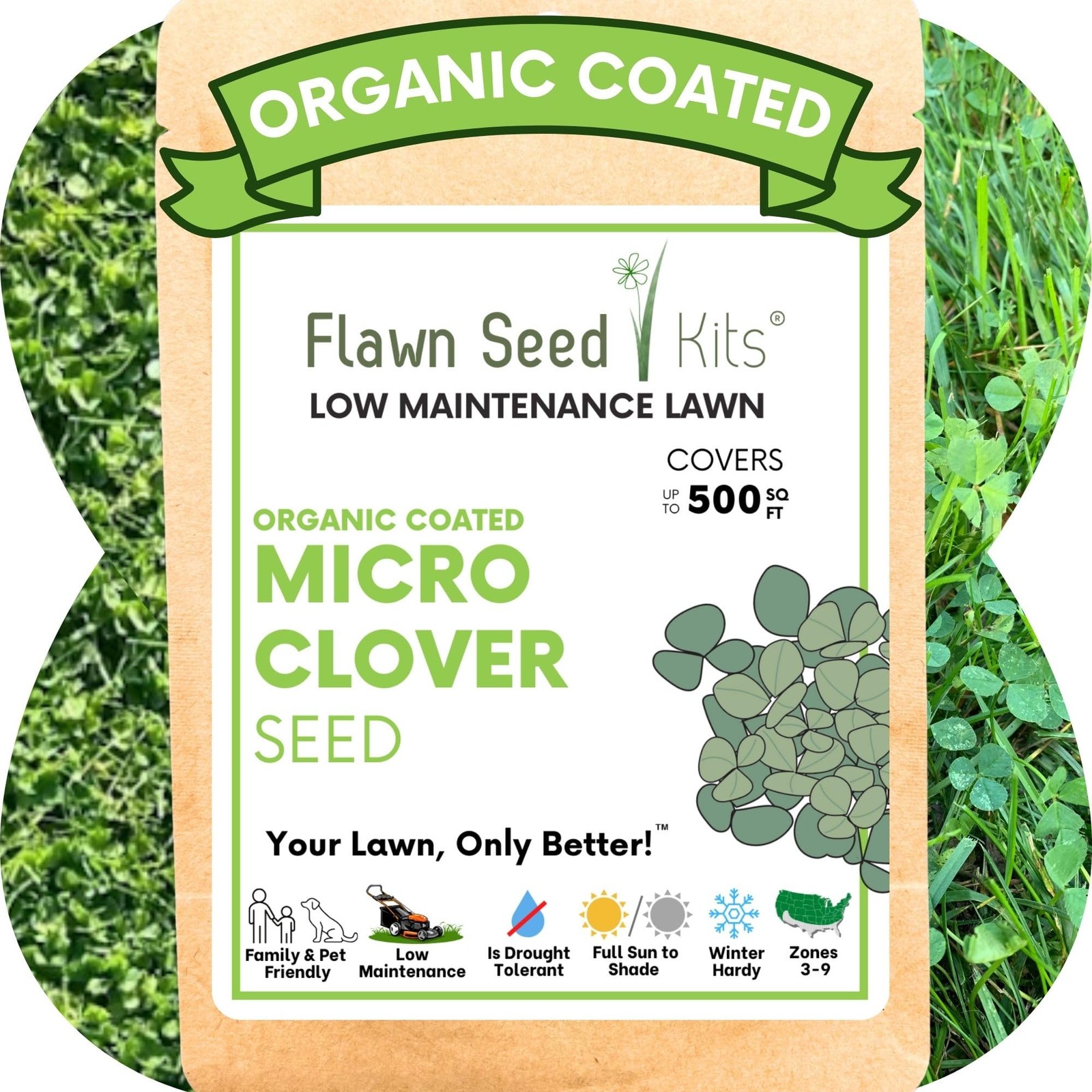 Micro Clover Seed Kit Organic, EcoFriendly Lawn Alternative, Covers 500 Sqft