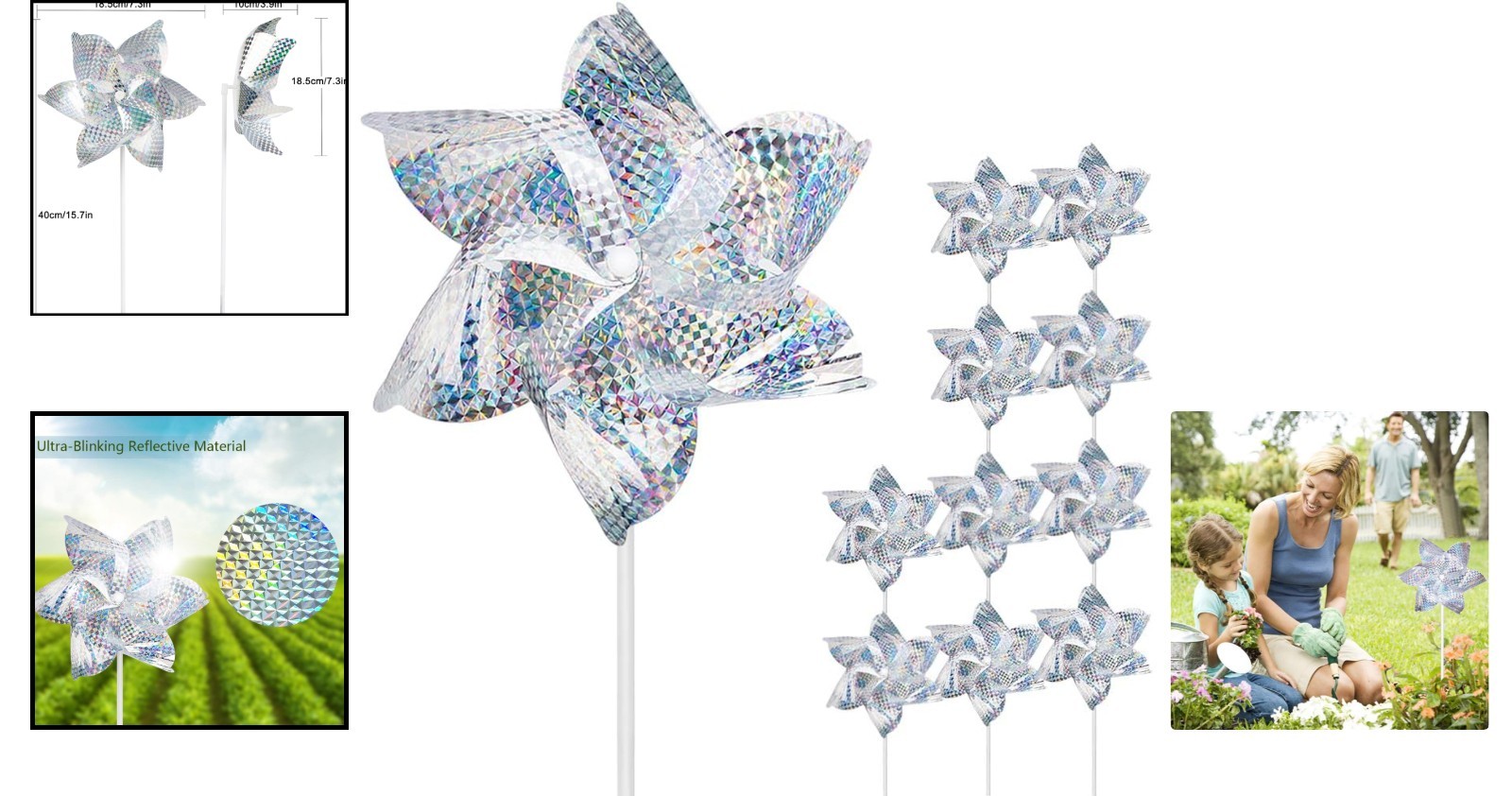 Reflective Garden Pinwheels 10-Pack, Silver/Gold, 7.31×15.7 inches, Bird Repe…