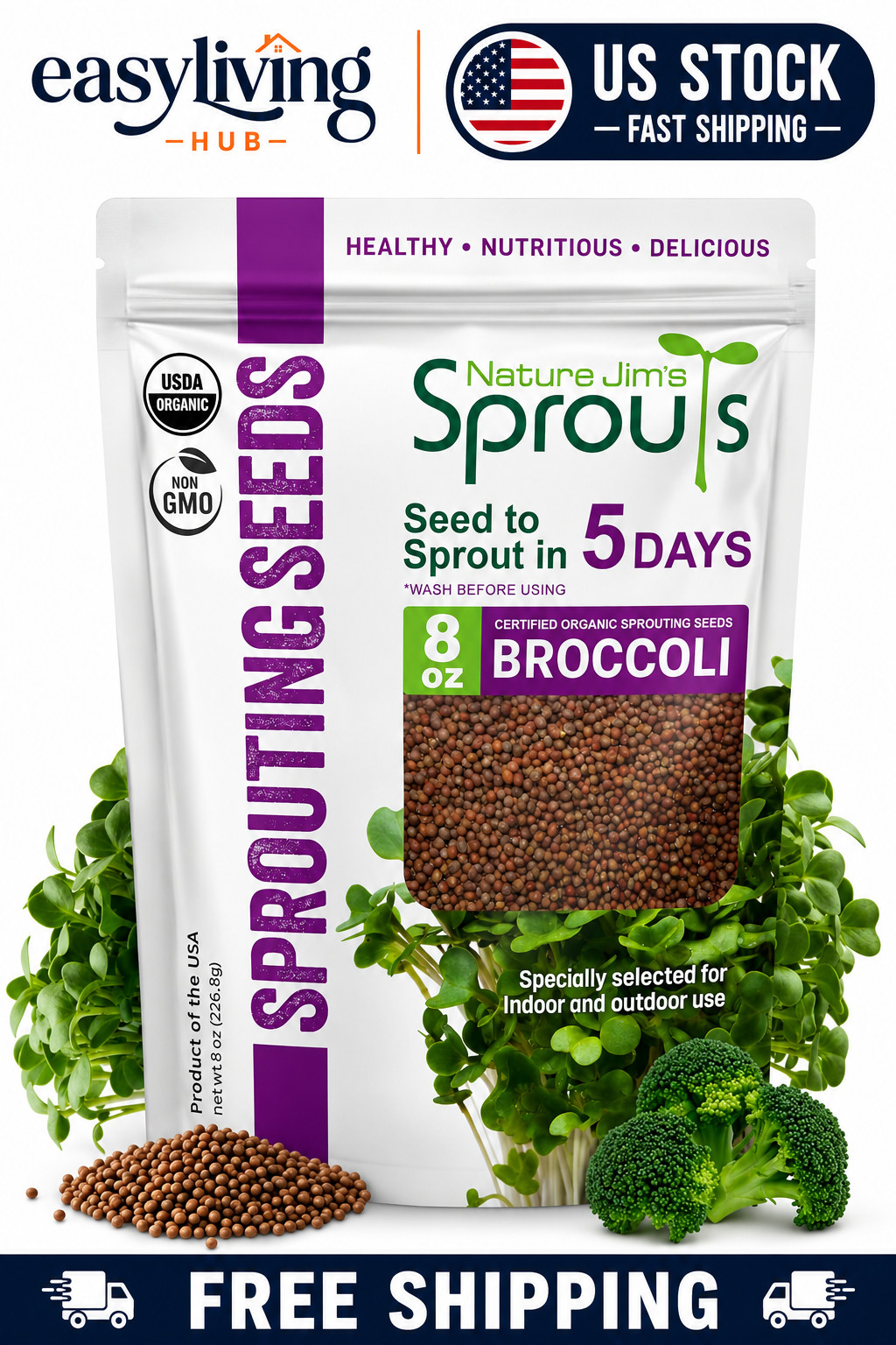 Nature Jim’s Organic Broccoli Sprouting Seeds – Non-GMO, Rich in Sulforaphane, F