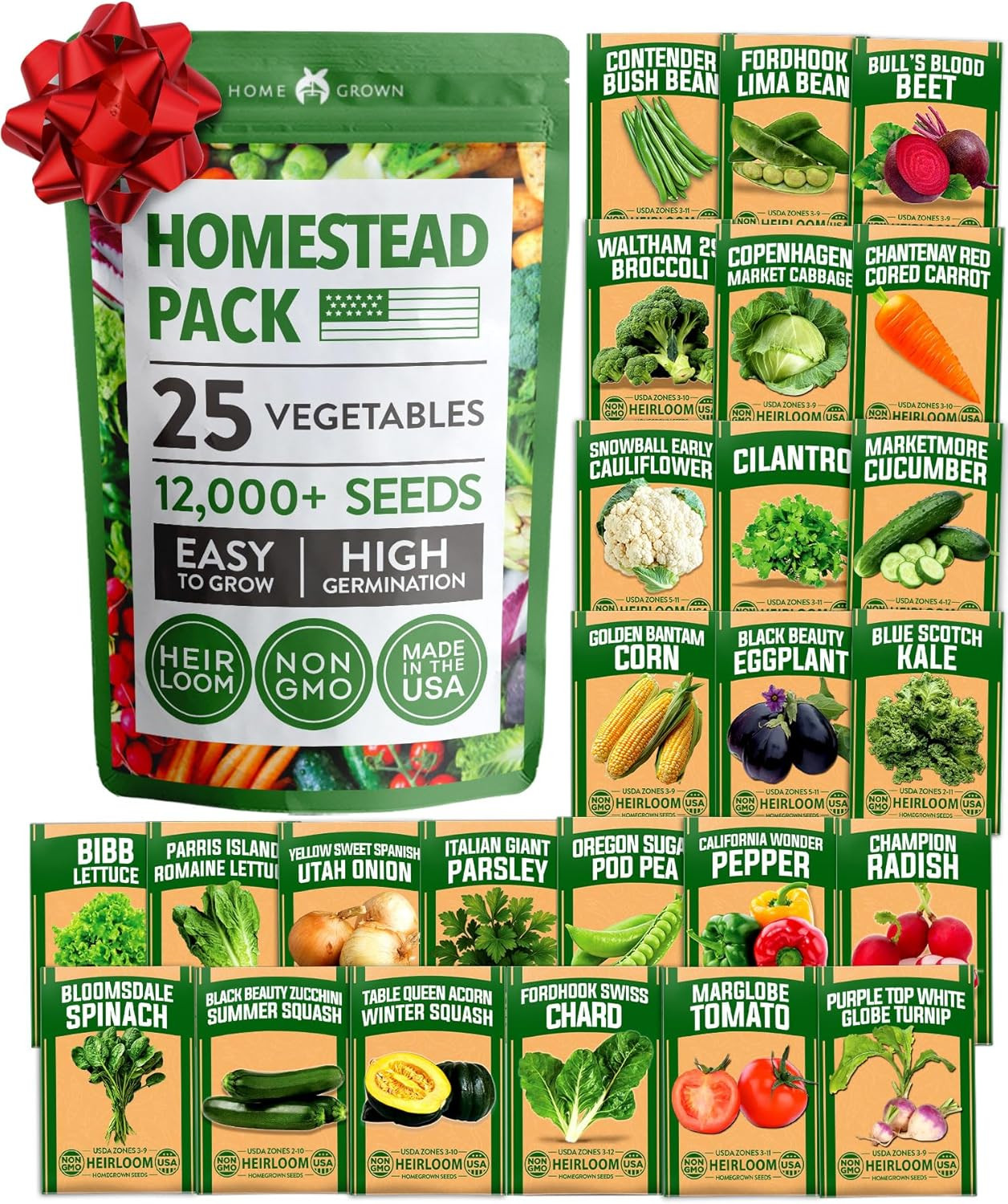 HOME GROWN 25 Variety Survival Seed Vault 12,000+ Heirloom Non-Gmo Vegetable See