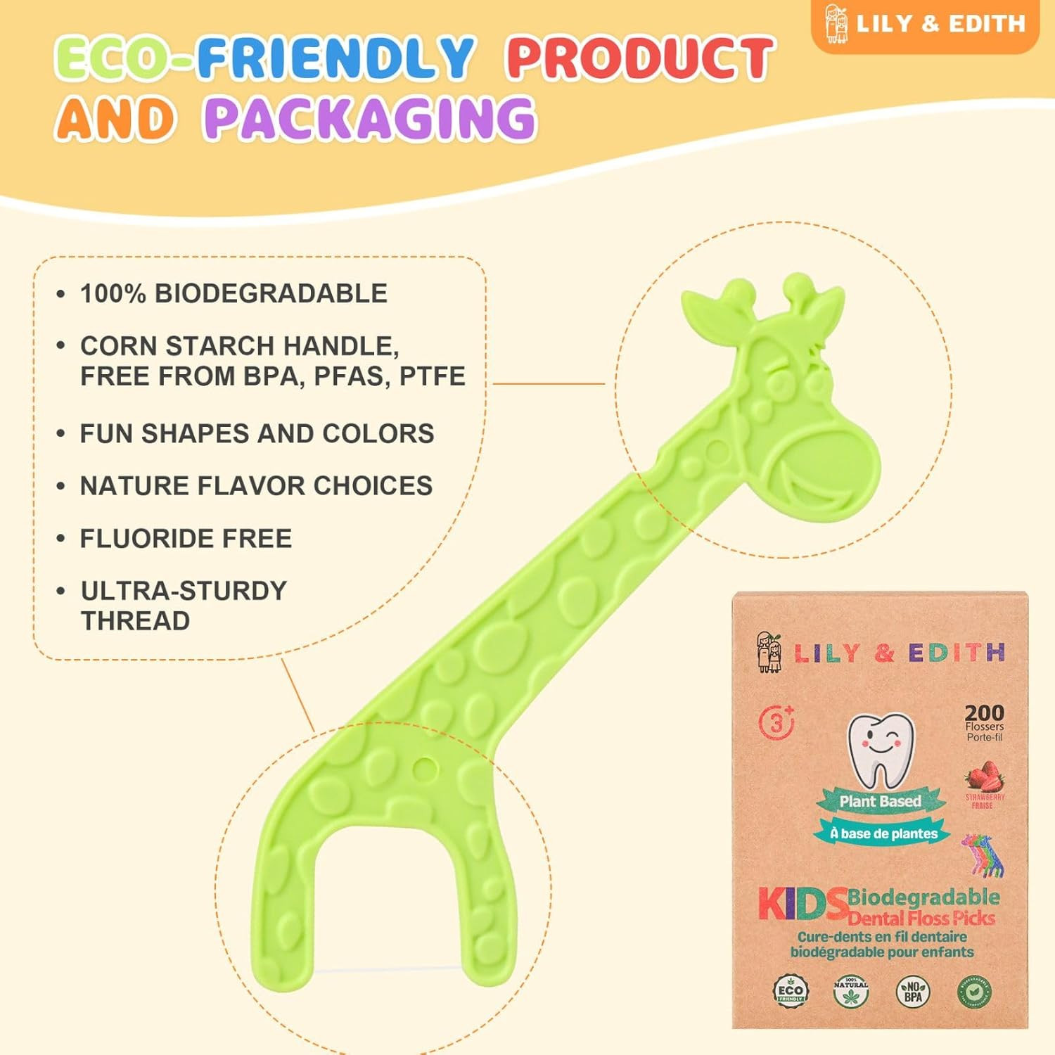 Kids Biodegradable Dental Floss Picks 200 Counts, Fluoride Free, Plant Based Mat