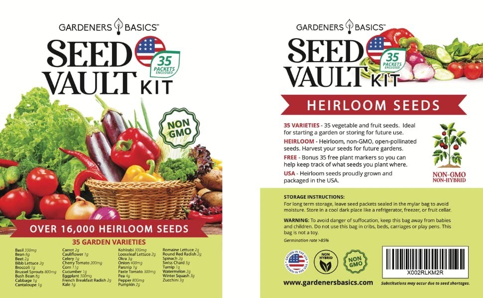 Survival Seed Vault Kit – 35 Heirloom Vegetable Seeds, Non-GMO, Open-Pollinated,