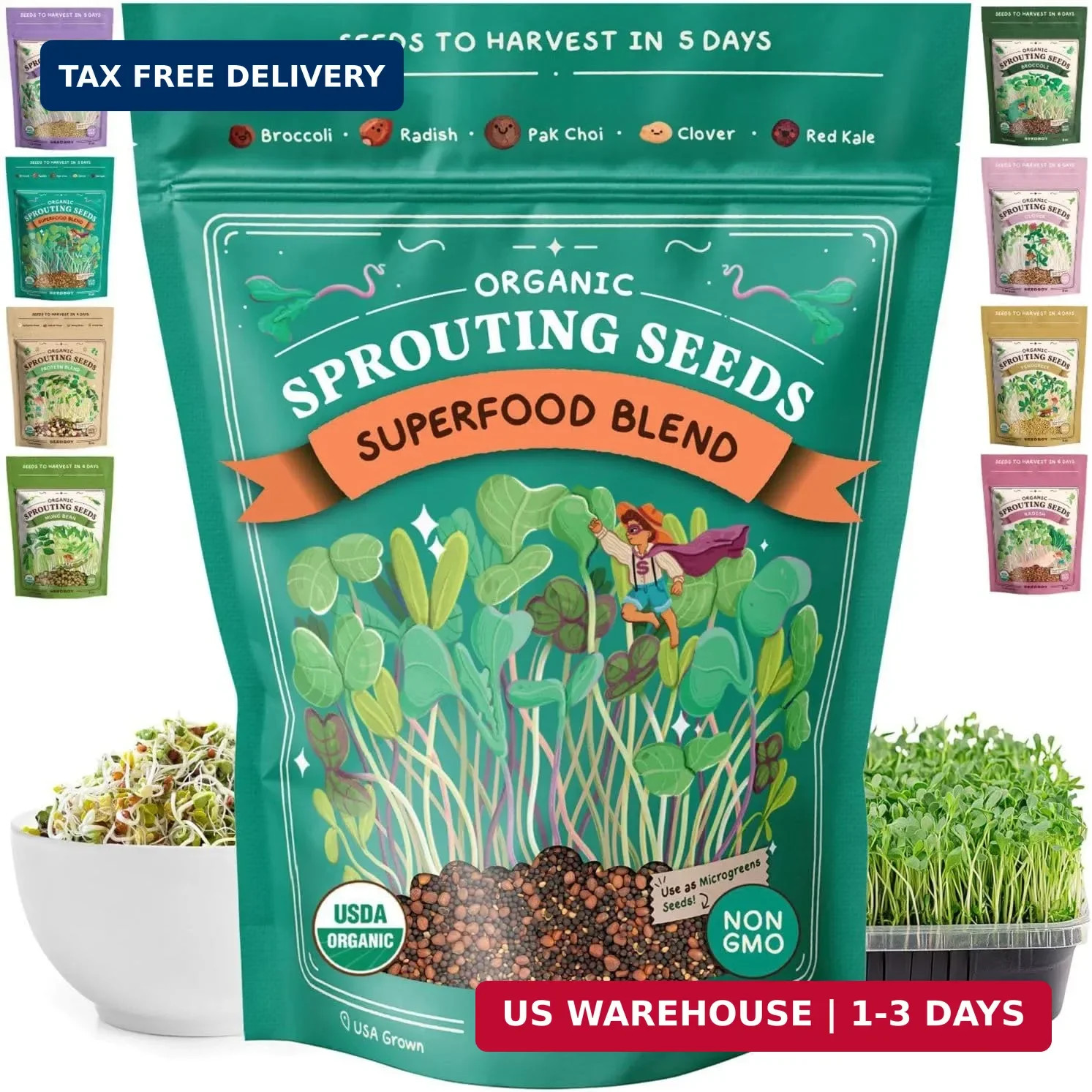 Seedboy Organic Non-GMO Sprouting Seeds, Superfood Blend – USA Grown Microgreens