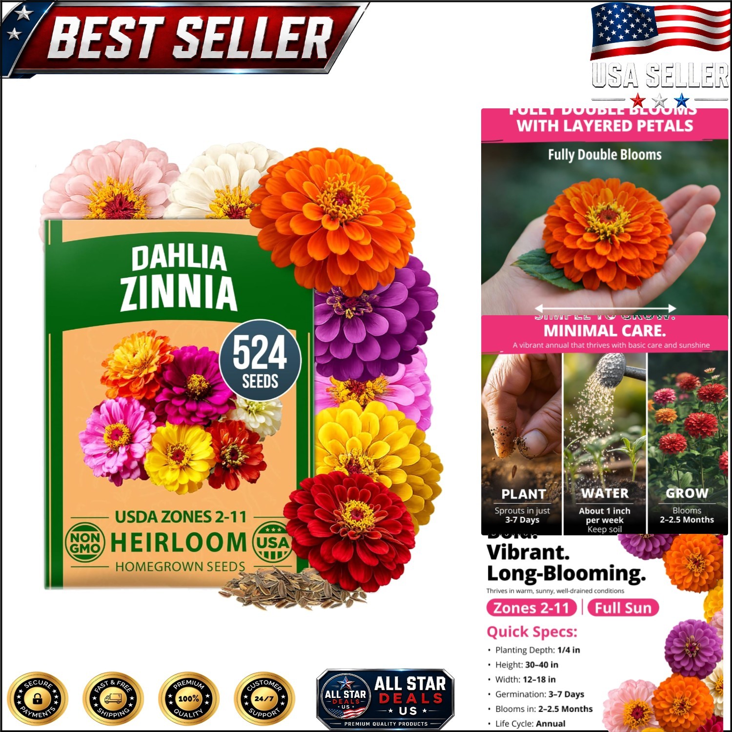 Comprehensive Grow Guide Included | 524 Zinnia Dahlia Seeds for -Round Color