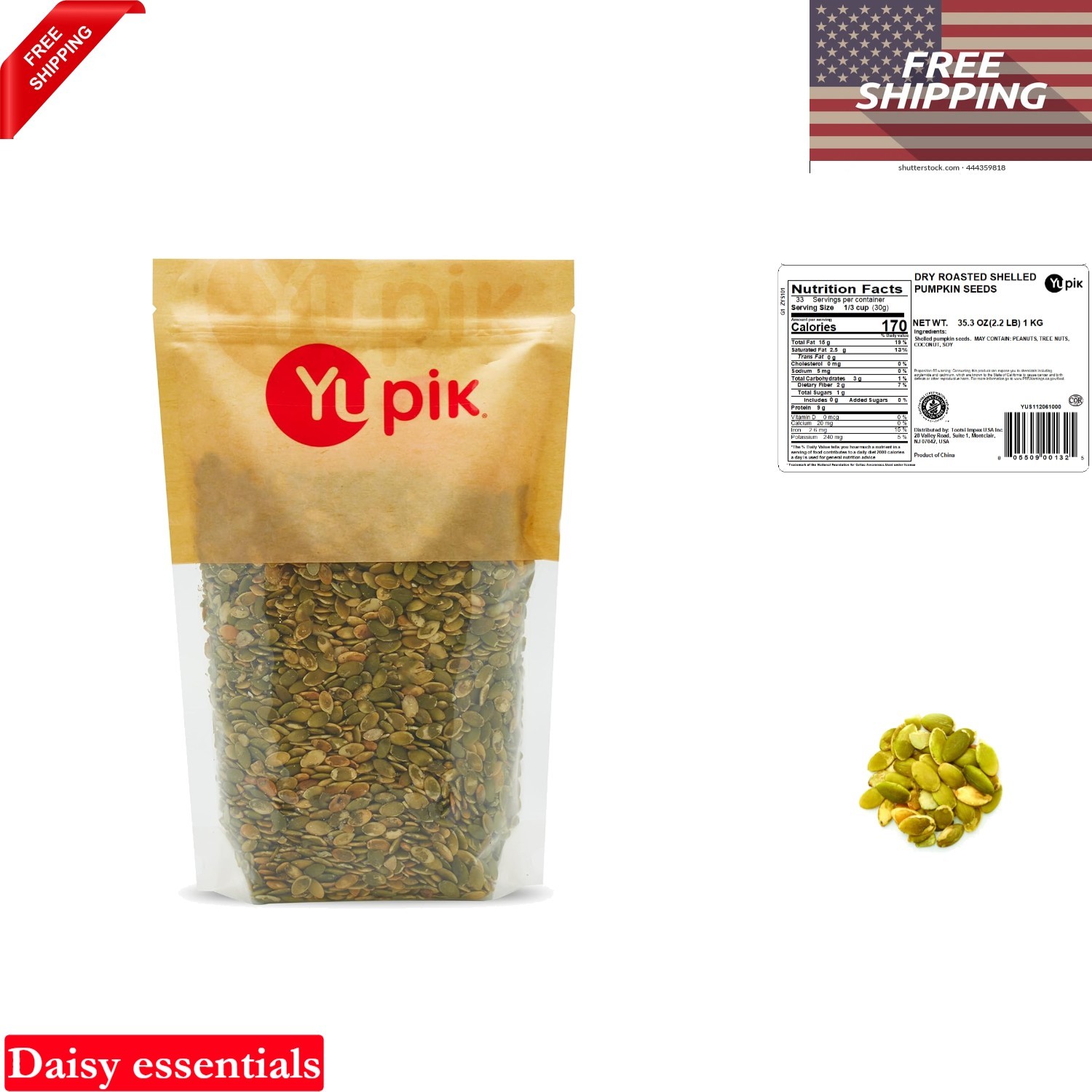 Dry Roasted Shelled Pumpkin Seeds 2.2 lb Gluten-Free GMO-Free Kosher Nutty Snack