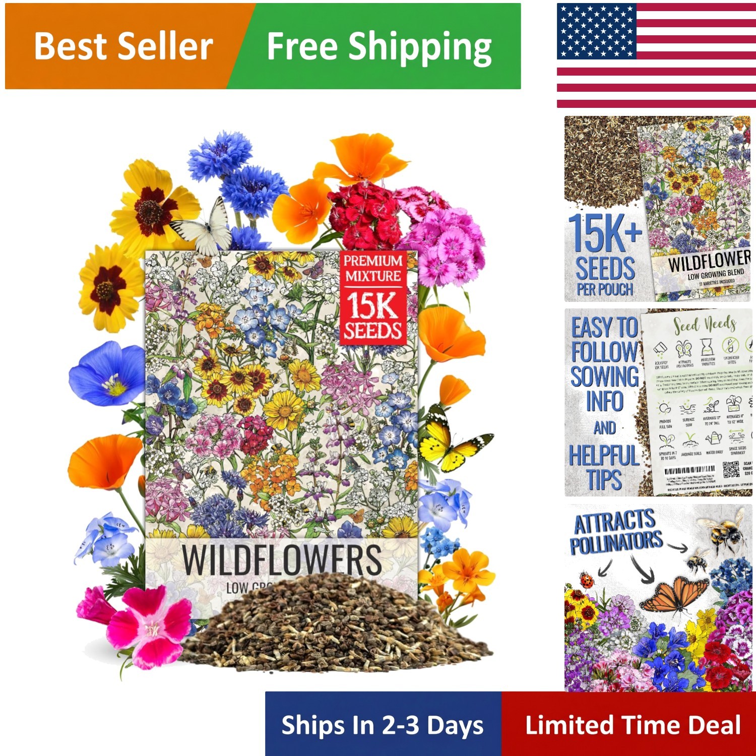 1 Ounce Heirloom Wildflower Seeds Blend | 17 Varieties for Butterfly Gardens