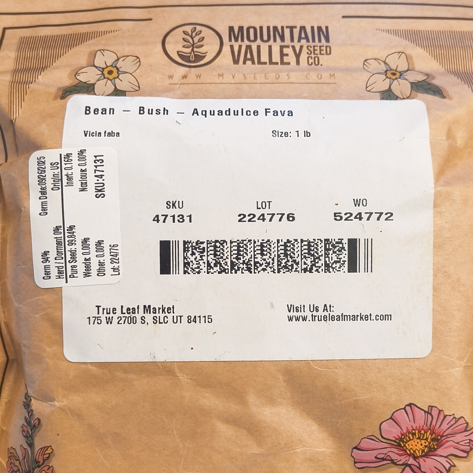 Mountain Valley Seed Co. Non-GMO Bean Bush Aquadulce Fava Vegetable Seeds 1 lb