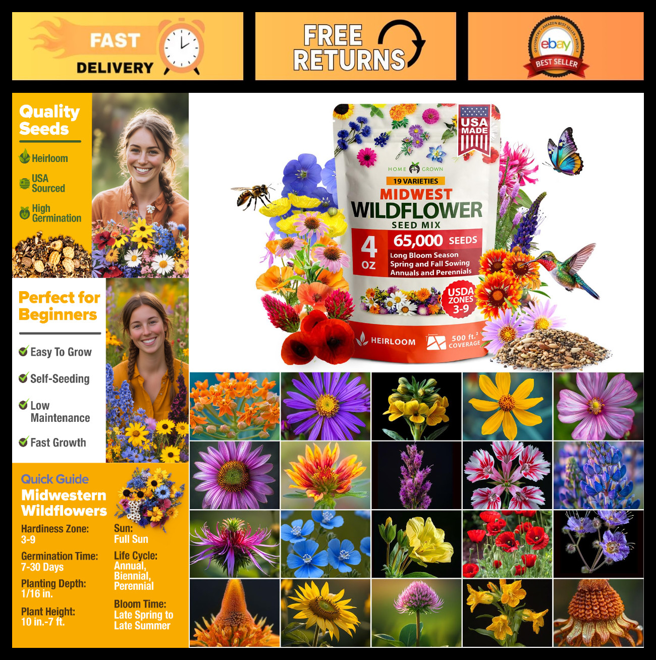 Midwest Wildflower Seed Mix – 65,000+ Heirloom Perennial Seeds for Bees, Birds &