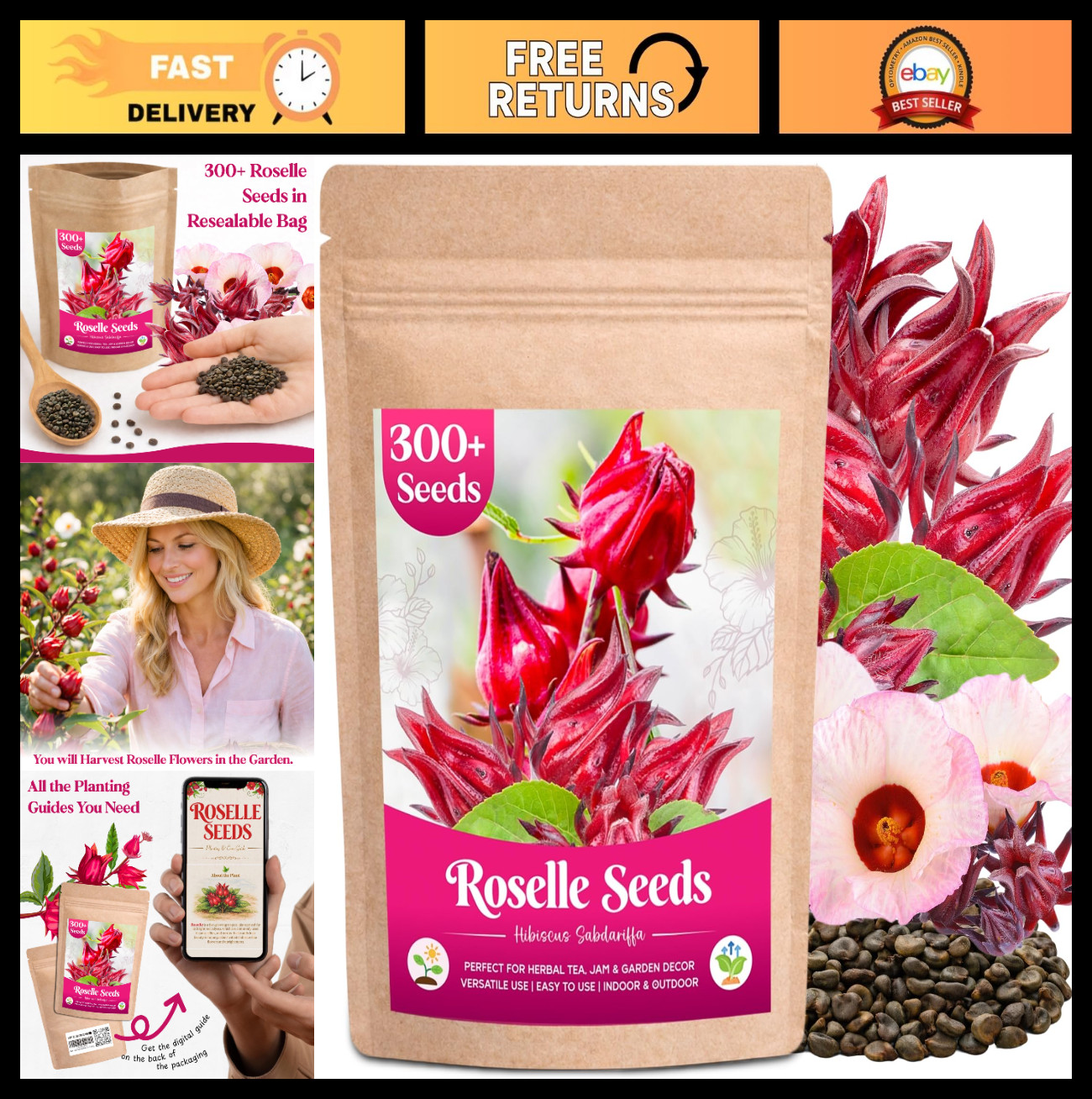 300+ Roselle Seeds – Hibiscus Sabdariffa, Jamaican Sorrel, Red Cranberry Flower