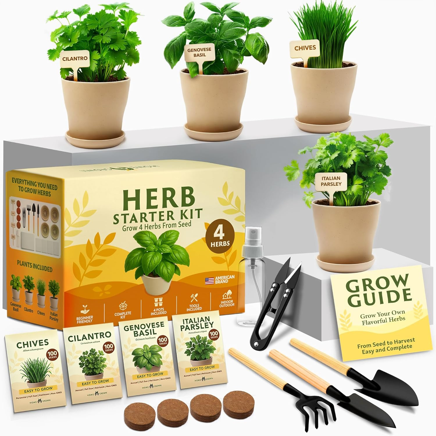 Herb Garden Starter Kit Indoor Grow Set w Pots Soil Seeds Tools