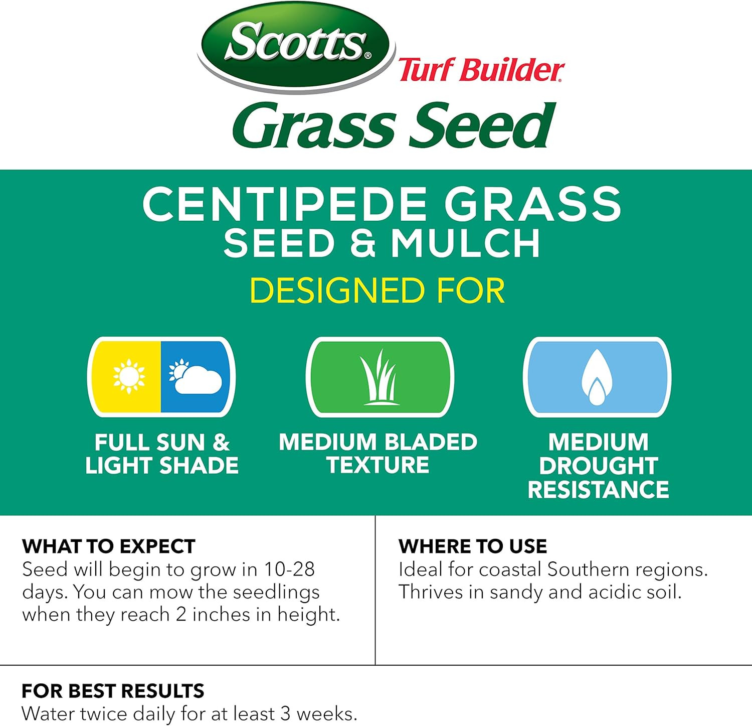 Turf Builder Centipede Grass Seed & Mulch, Grows a Thick, Low-Maintenance Lawn,