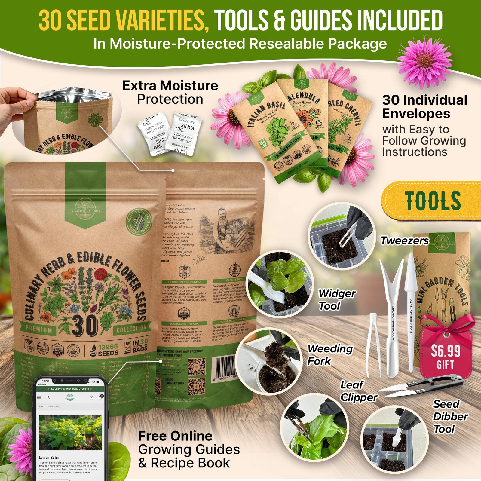 30 Culinary Herbs & Edible Flower Seeds Variety Pack