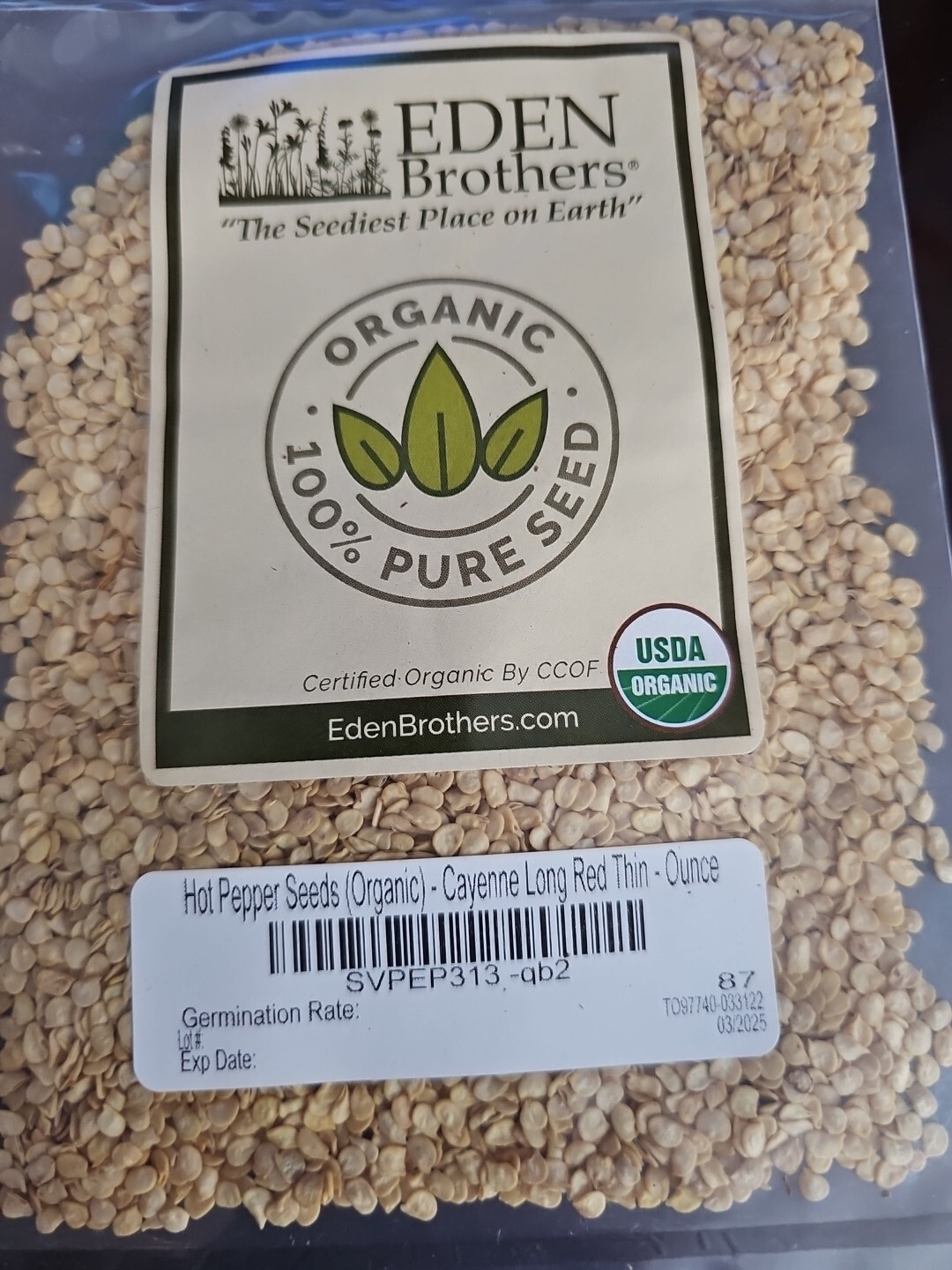 Eden Brothers Organic Hot Pepper Cayenne Long Red Thin Seeds 1 Ounce