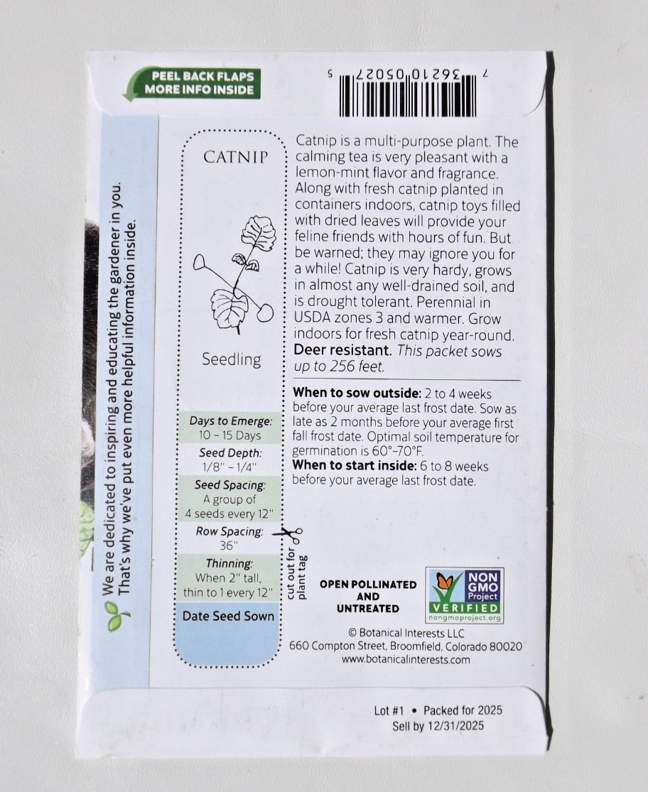 Lot #11 12 packs Botanical Interest Seeds, Organic Cat Oat Grass. Cat Nip