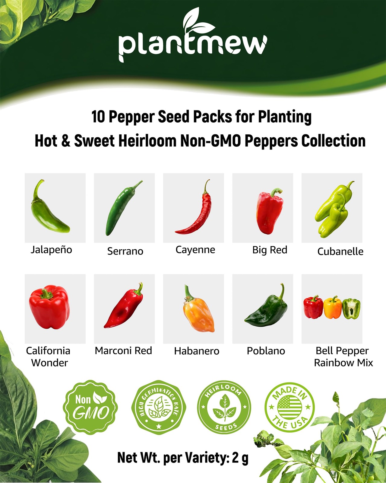 10 Variety Pepper Seeds for Planting – 2000+ 10 Seeds, green