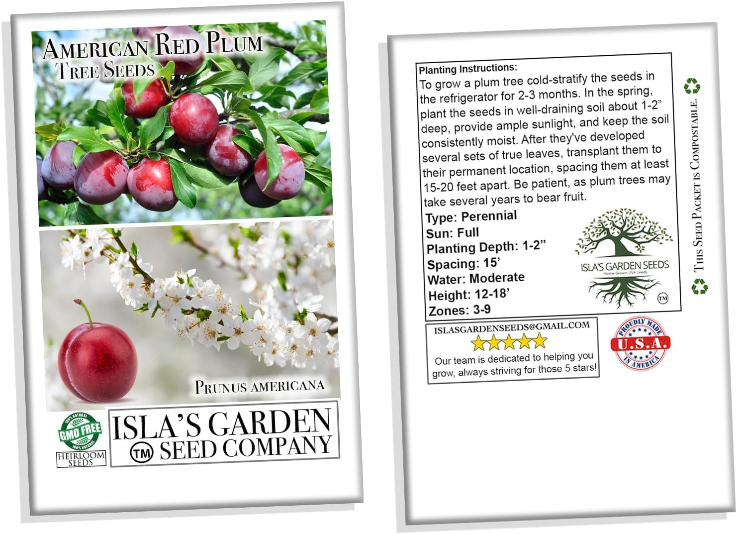 American Red Plum Tree Seeds for Planting, 5 Fruit Seeds Per Packet, (), Non GMO