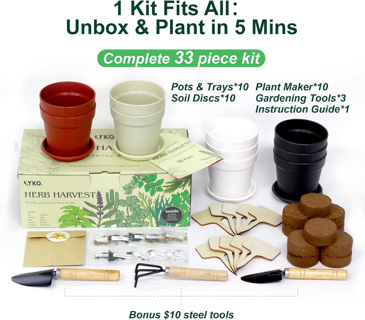 10 Indoor Herb Garden Kit, 33Pcs Complete Kitchen Herb Starter Set Including 4-C