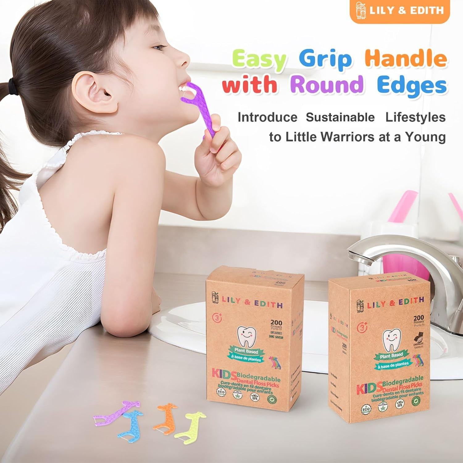 Kids Biodegradable Dental Floss Picks 200 Counts, Fluoride Free, Plant Based Mat