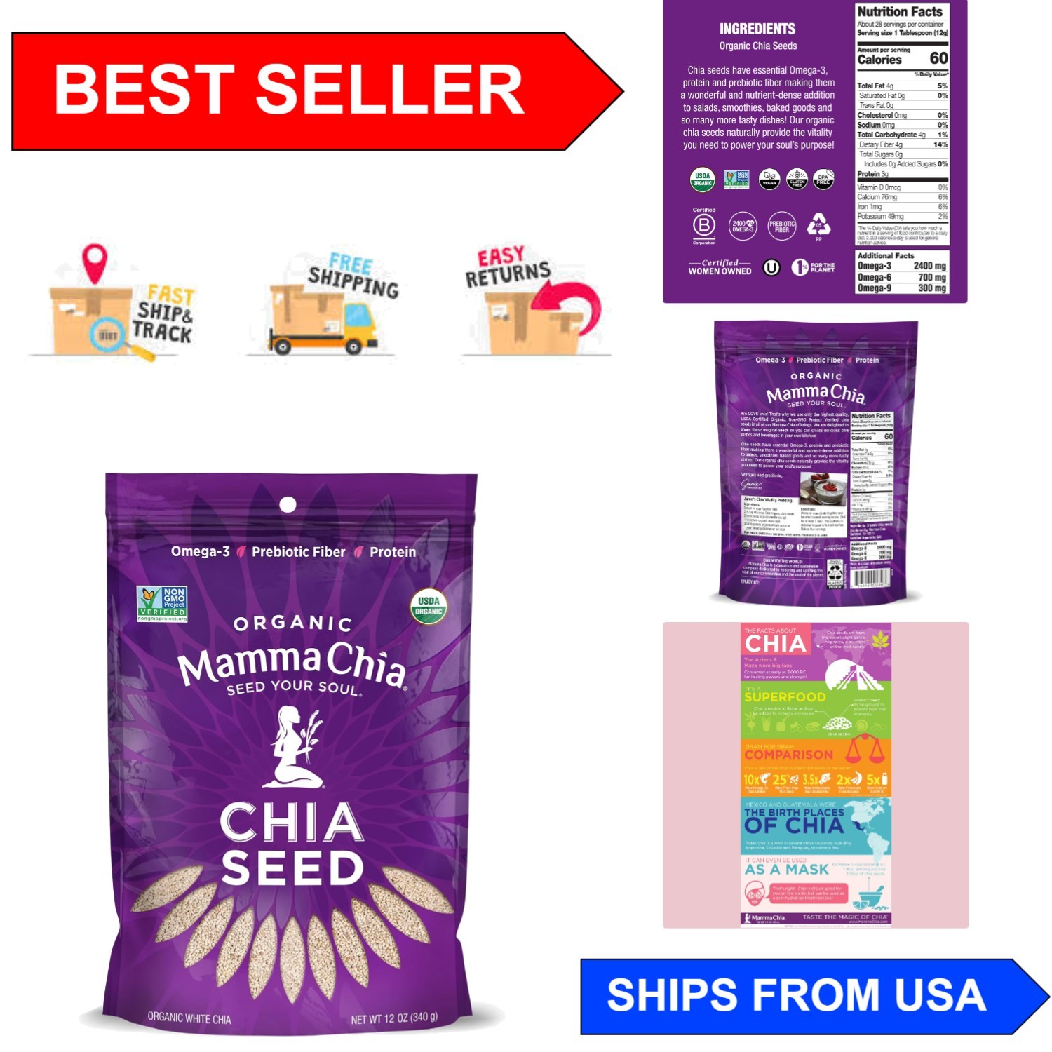 Versatile 12 Ounce Bag of Organic White Chia Seeds – Perfect for Smoothies