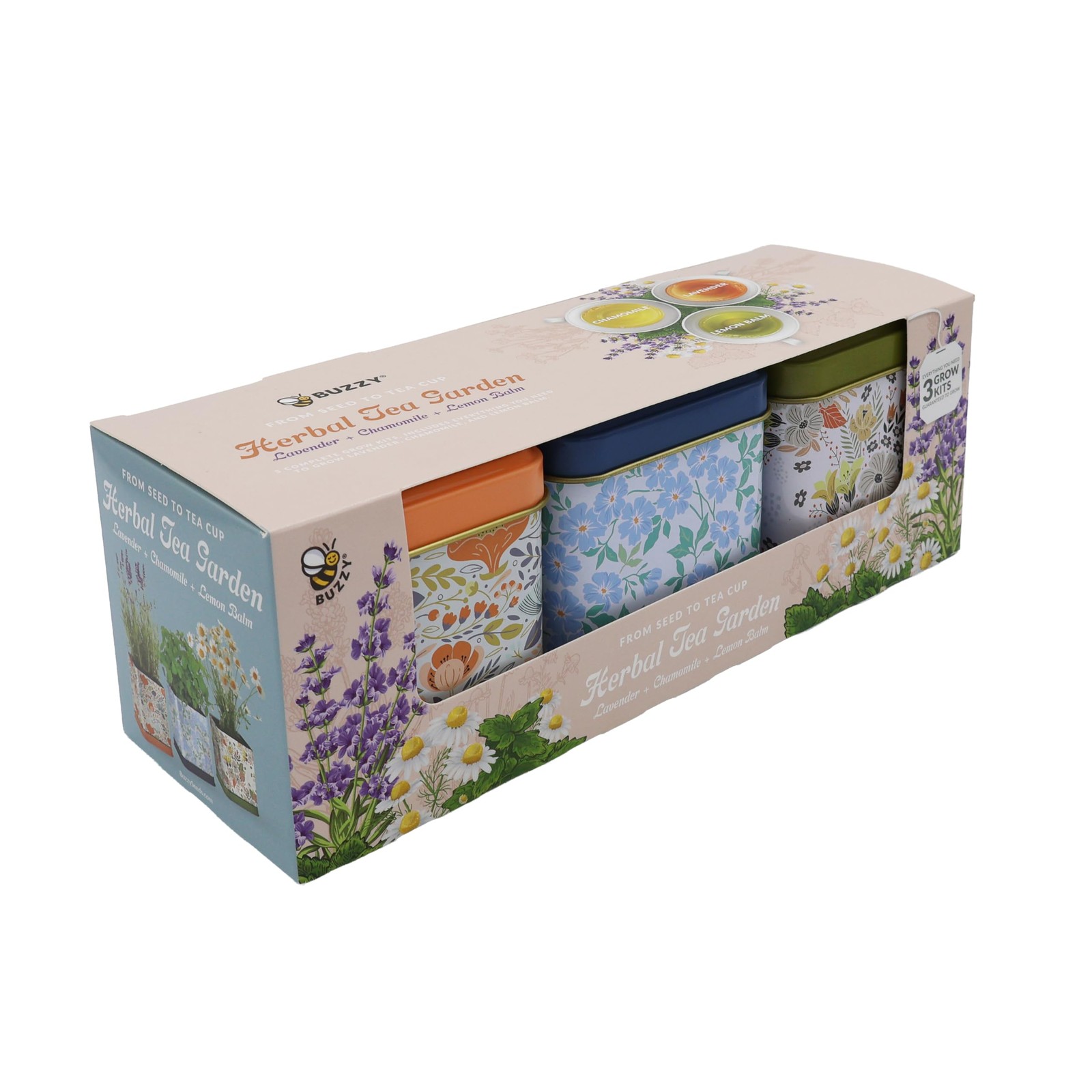 BUZZY Seeds Herbal Tea Garden Grow Kit – 3 Square Tin Planters with Lavender,…