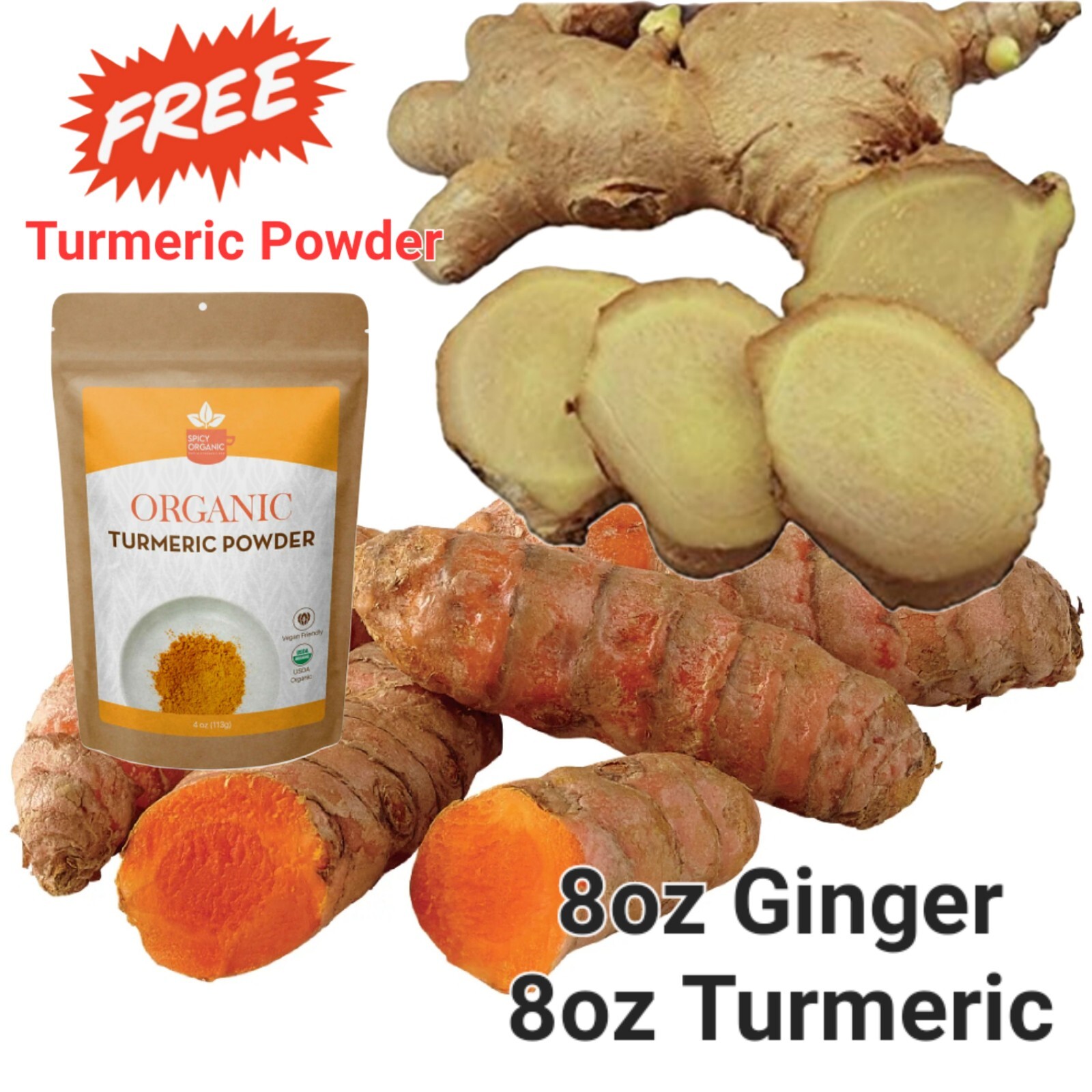 TURMERIC GINGER 8oz each w/ FREE TURMERIC POWDER, Organic, Plant, Herbal