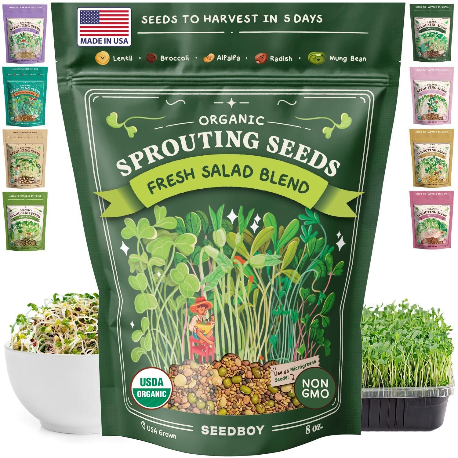 Organic Non-GMO Sprouting Seeds, Fresh Salad Blend – USA Grown Microgreens Mi…