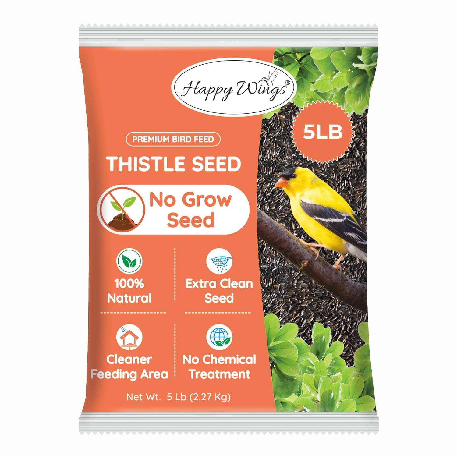 Happy Wings Nyjer/Thistle Seeds Wild Bird Food 5 Pounds I No Grow Seed I Bird